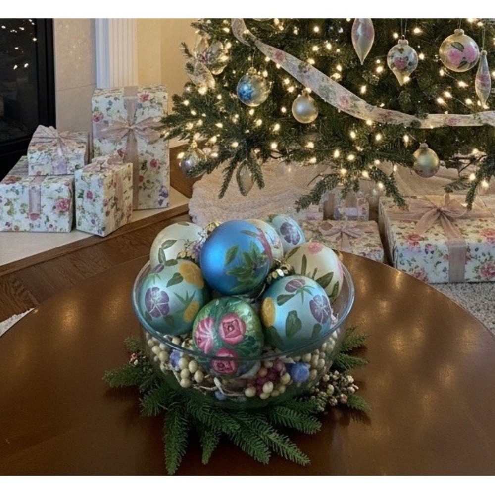 VTG Handpainted Floral Glass Christmas Ornaments 3" Set of 7 Mixed Shapes